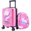 imageiPlay iLearn Airplane Kids Luggage Boys Carry On Suitcase 18quot Hardside Travel Luggage Set WBackpack Toddler Rolling Luggage W 4 Spinner Wheels Children Holiday Birthday GiftUnicorn