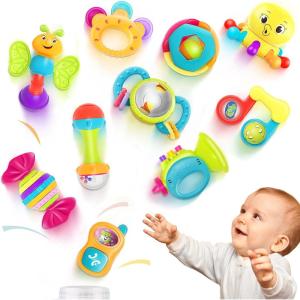 imageiPlay iLearn 10pcs Baby Rattles Toys Set Infant Grab Shake Rattle Easy Hold Sensory Teether Babies Development Learning Music Toy Newborn Shower Birthday Gift 1 2 3 4 5 6 7 9 10 12 Month Boy Girl