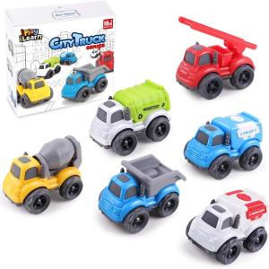 imageiPlay iLearn 6PCS Friction Cars Toy for Toddlers 13 Small Push Go Construction Truck Kid Age 24 Mini Play Vehicle Dump Garbage Fire Truck Birthday Stocking Gift Cake Topper 12 18 Month Boy Girl