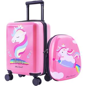 imageiPlay iLearn Airplane Kids Luggage Boys Carry On Suitcase 18quot Hardside Travel Luggage Set WBackpack Toddler Rolling Luggage W 4 Spinner Wheels Children Holiday Birthday GiftUnicorn