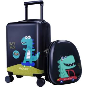 imageiPlay iLearn Airplane Kids Luggage Boys Carry On Suitcase 18quot Hardside Travel Luggage Set WBackpack Toddler Rolling Luggage W 4 Spinner Wheels Children Holiday Birthday GiftDinosaur