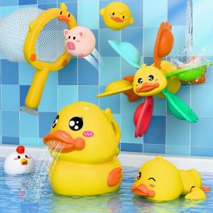 imageiPlay iLearn Baby Duck Bath Toy Toddler Bathtub Suction Water Spinner Gear Kid Shower Fishing Game W Net Floating Animal Wind up Swimming Duck Birthday Gift 6 9 12 Month 1 2 3 Year Old Boy Girl