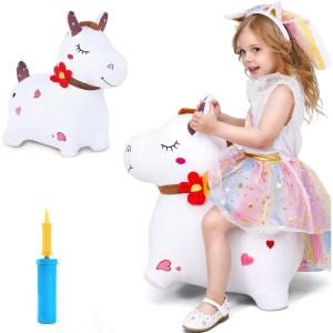 imageiPlay iLearn Bouncy Pals Dinosaur Hopper Toy 2 Year Old Boy Toddler Plush Bounce Animals Ride on Bouncing Triceratops for Kids Outdoor Hopping Horse Bouncer Cool Birthday Gifts 3 4 5 6 Yr GirlsWhite Horse