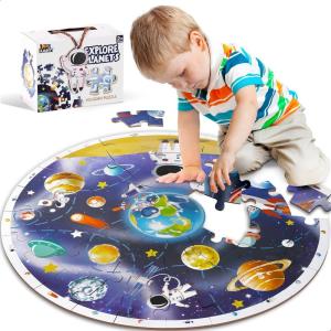 imageiPlay iLearn Floor Puzzles for Kids Ages 36 Jigsaw Puzzle for kids Ages 48 Toddler Large Wooden Learning Toy Educational Round Planets Solar System Birthday Gift for 57 Year Old Boy Girl Child