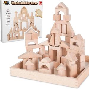 imageiPlay iLearn Kid Wooden Building Block Set Toddler Natural Wood Block Montessori Learning Toy Large Hardwood Stacking Brick Castle Unit Preschool Classroom Gift 2 3 4 5 6 8 Year Old Boy Girl Child