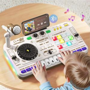 imageiPlay iLearn Kids DJ Mixer Toy Toddler Musical DJ Turntable WLights Sounds Electronic Piano Instrument Playset WKaraok Microphone Birthday Party Gift for 3 4 5 6 Years Old Boys Girls Children