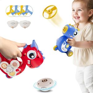 imageiPlay iLearn Kids Dinosaur Flying Disc Launcher Toys Toddler Push Go Friction Dino Cars Indoor Outdoor Spinning Top Yard Play Set Birthday Gift for 1218 Months 1 2 36 Years Old Boys Girls Child