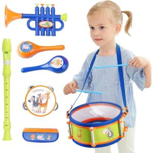 imageiPlay iLearn Toddler Musical Instruments Toys Kids Drum Set Baby Trumpet Percussion Harmonica Maraca Flute Tambourine Birthday Gifts for 18 Months Olds Ages 2 3 4 5 Years Boys Girls Children