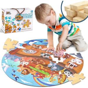 imageiPlay iLearn Toddlers NoahsArk Wooden Animal Puzzles Kids Floor Puzzles for Ages 35 48 Large 51 Pieces Round Jigsaw Puzzle Educational Toys Birthday Gift for 6 7 Years Old Boys Girls ChildrenNoahsArk Animal