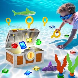 imagePool Wave Kids Diving Pool Toy Large Treasure Chest Water Dive Game WKeys Gems Fish Toddler Outdoor Swimming Treasure Box Playset Fun Summer Swim Party Gifts 3 4 5 6 7 8 10 12 Year Old Boy Girl