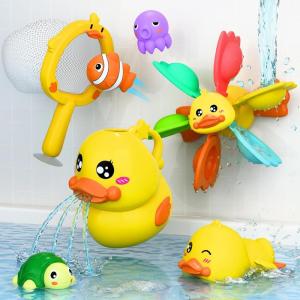 imageiPlay iLearn Baby Duck Bath Toy Toddler Bathtub Shower Toy W Suction Spin Gear Floating Animals Fishing Net Pool Water Play Birthday Easter Gift 6 12 18 Month Infant 1 2 3 Year Old Kid Boy Girl