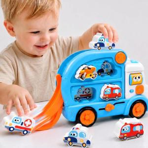 imageiPlay iLearn Toddler Bus Toy W 3D Matching Puzzle amp Car Slide Baby Musical Push Go Car WSound Montessori Learning Vehicle Match Game Birthday Gift 18 24 Month 1 2 3 Year Old Infant Kid Boy Girl